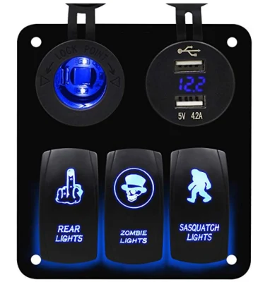 Blaues 3-Gang-Wippschalterfeld mit Dual-USB- und Ladebuchse für Marine, Boot, Auto, Wohnmobil