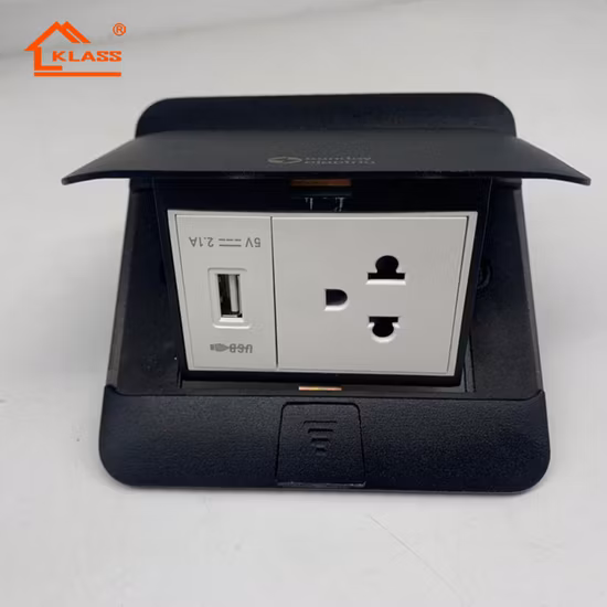 Werkseitig gelieferte Pop-up-Bodensteckdose mit Aluminium-Silberplatte, 13 A, UK-Standard-Steckdose mit zwei USB-Ladeanschlüssen